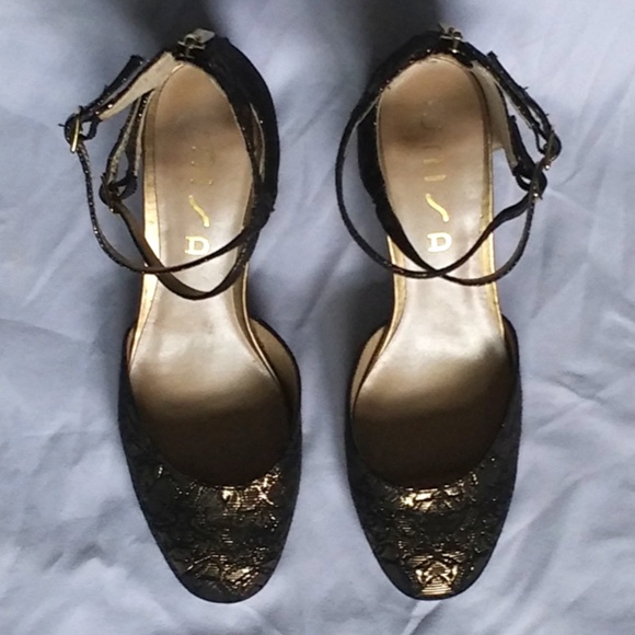 Black & Gold Floral Double Ankle Strap Block Heels - Picture 5 of 8